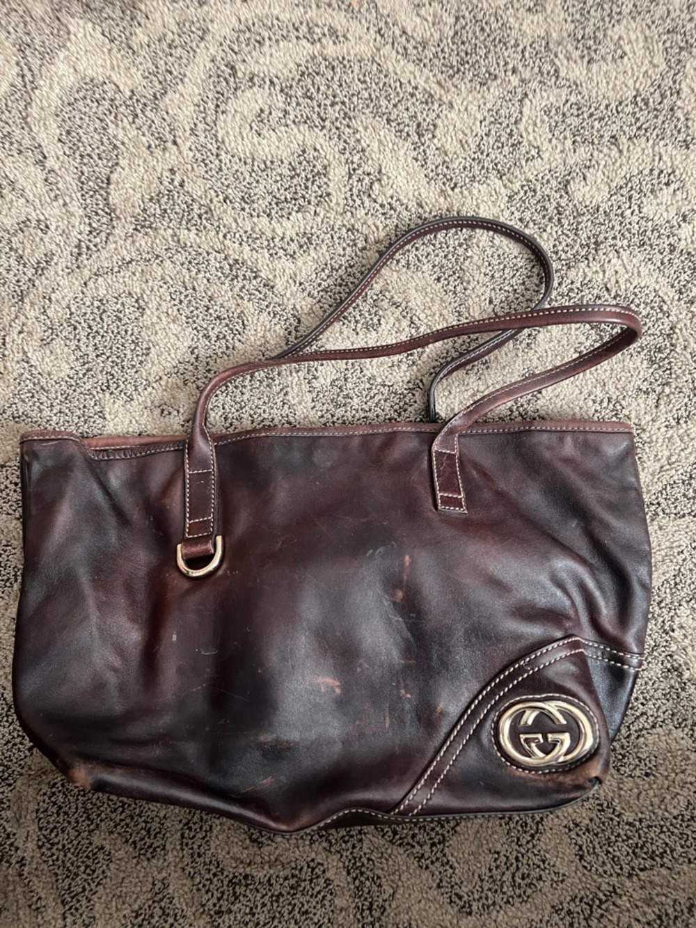 Gucci Dark Brown Brit  Leather Shoulder Tote with Double-G Emblem